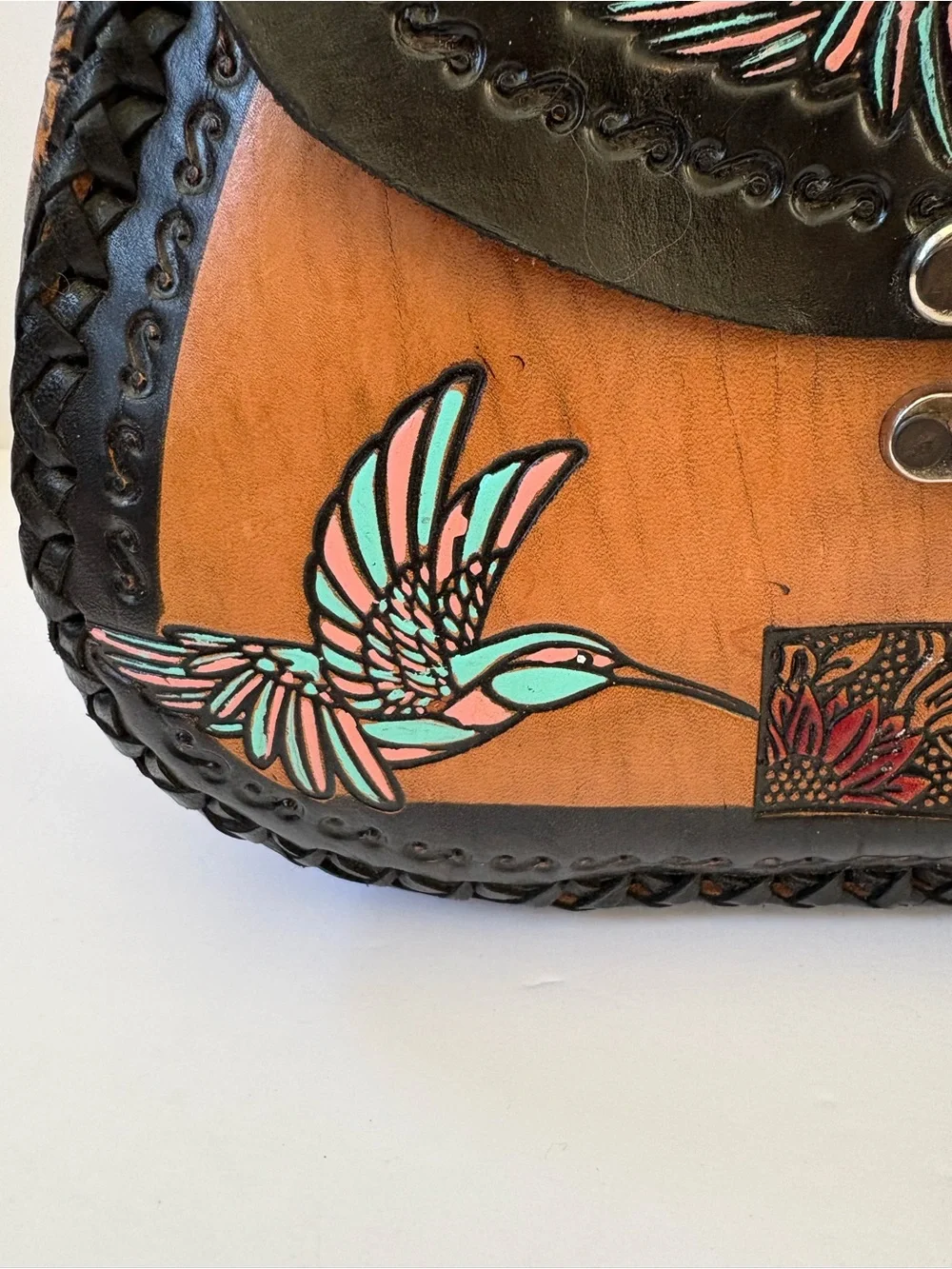Mexican Leather Crossbones Bag Hand Crafted Tooled Hummingbird Brown Black Artsy